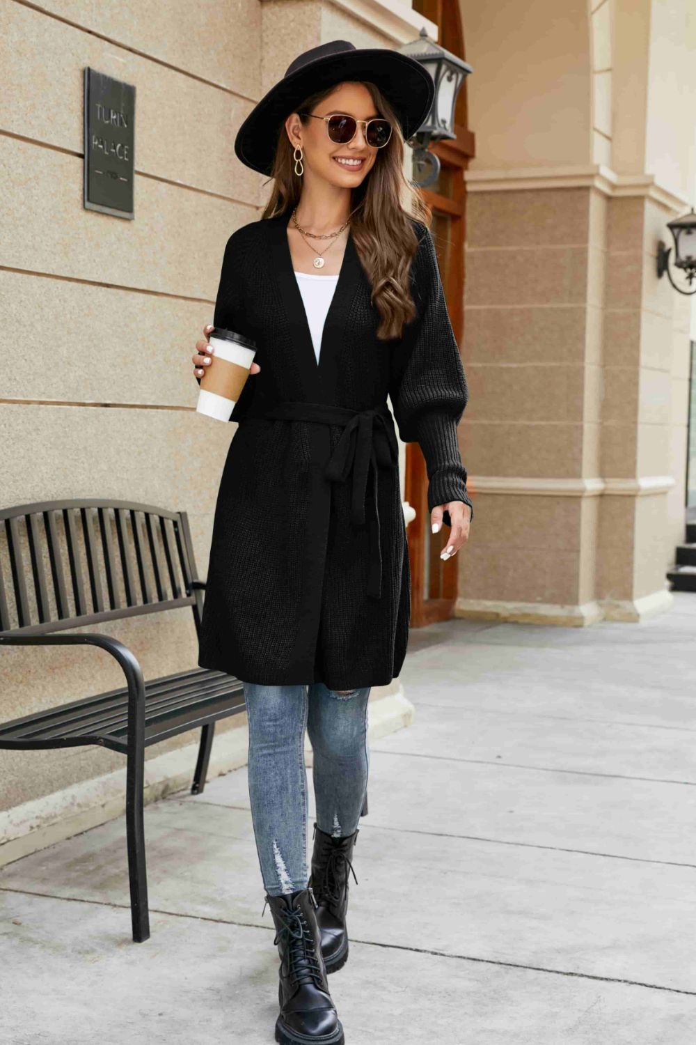 Lantern Sleeve Rib-Knit Open Front Longline Cardigan