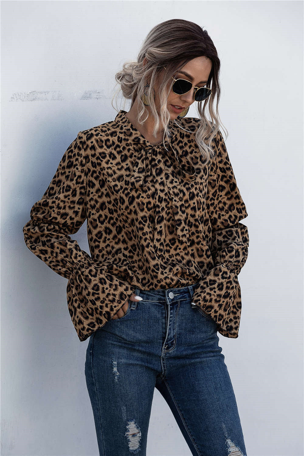 Leopard Tie-Neck Flounce Sleeve Blouse