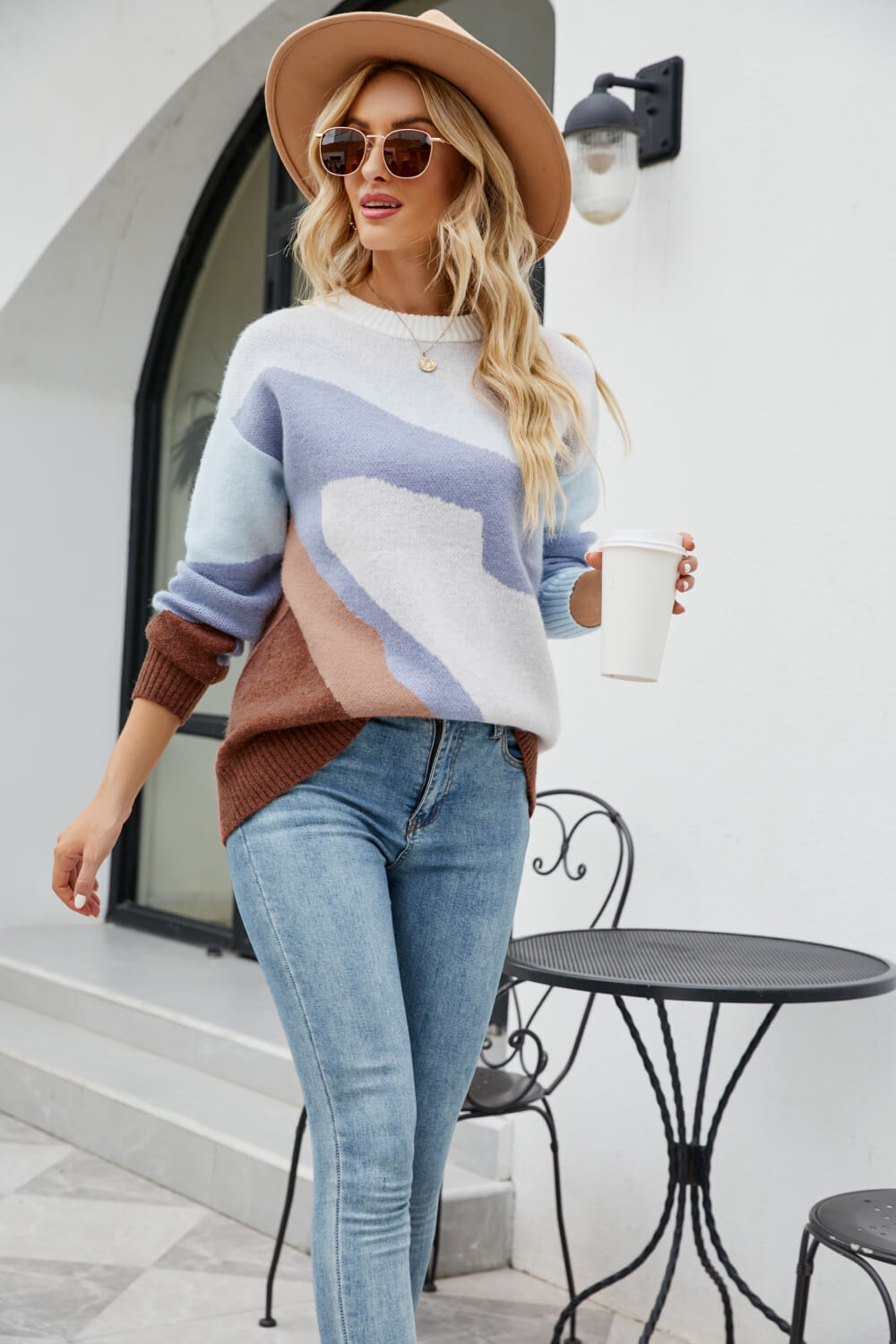 Color Block Dropped Shoulder Round Neck Tunic Sweater