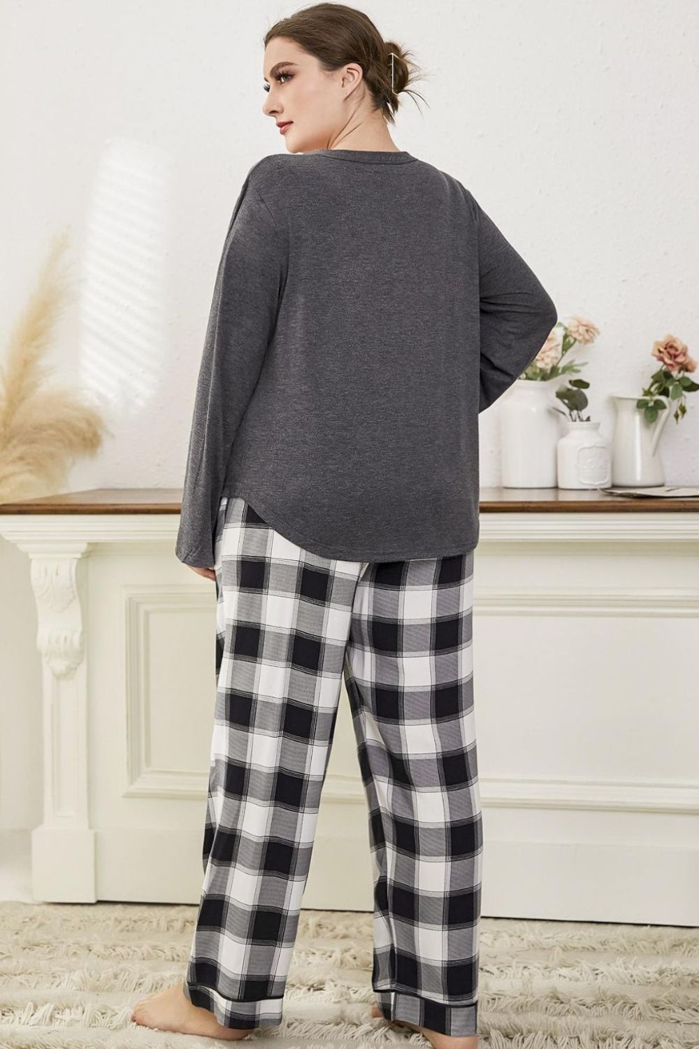 Plus Size Long Sleeve Top and Plaid Pants Lounge Set