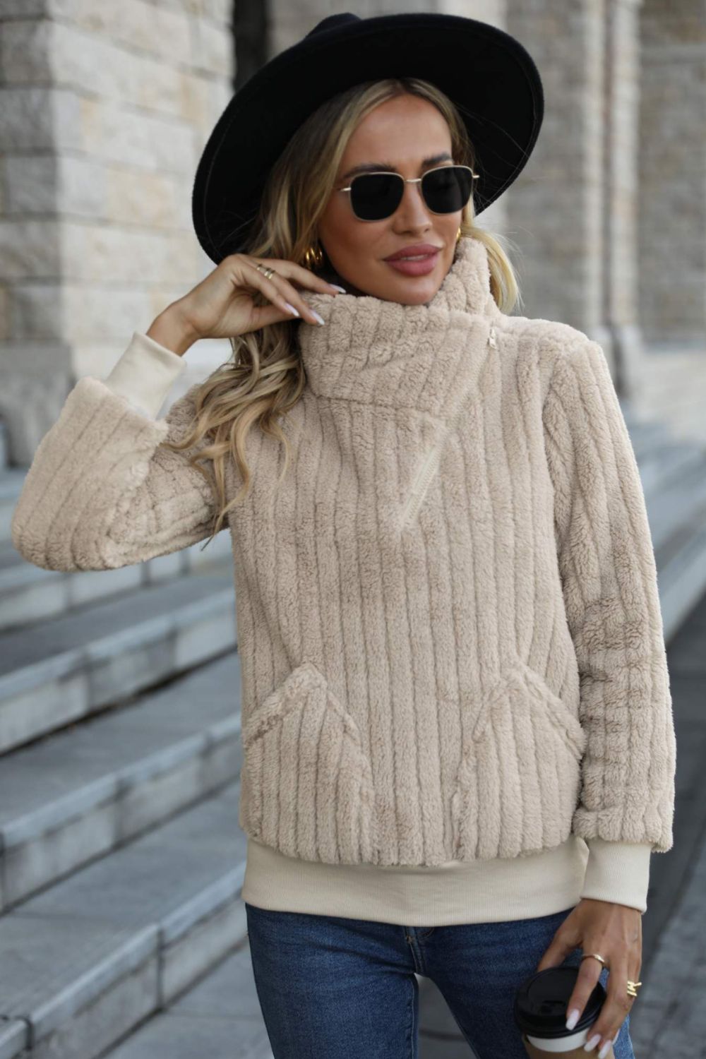Asymmetrical Quarter-Zip Fleece Sweatshirt with Pockets