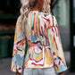 Printed Tie-Waist Pleated Balloon Sleeve Blouse