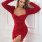 Sequin Sweetheart Neck Tie Back Long Sleeve Slit Dress