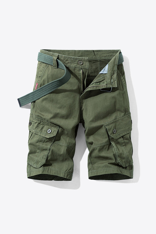 Button and Zip Closure Belted Cargo Shorts