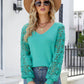 Lace Sleeve Ribbed Trim V-Neck Sweater
