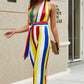 Rainbow Stripe Halter Neck Belted Jumpsuit