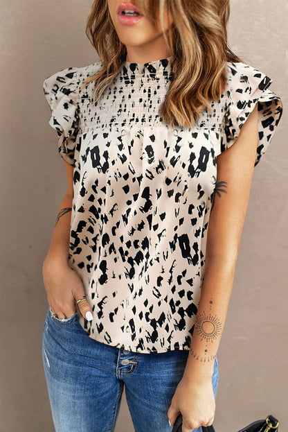 Printed Smocked Butterfly Sleeve Top