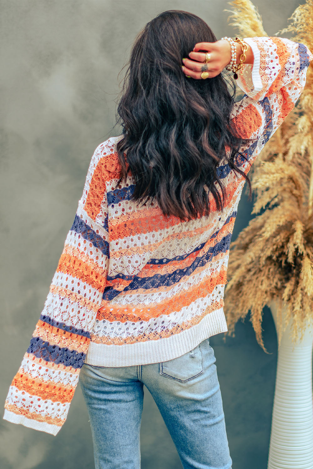 Multicolored Stripe Openwork Knit Pullover