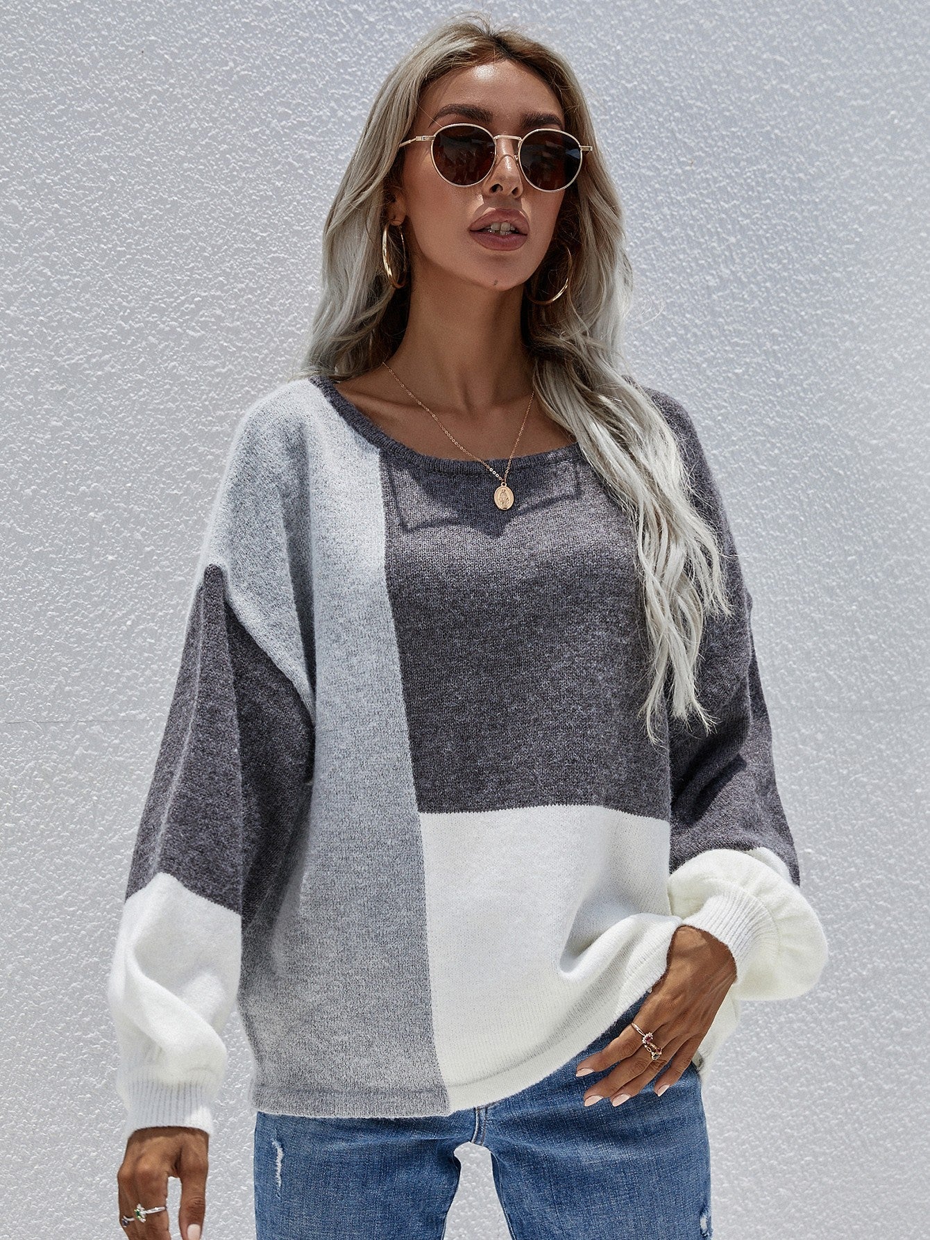 Color Block Tie-Back Dropped Shoulder Knit Pullover