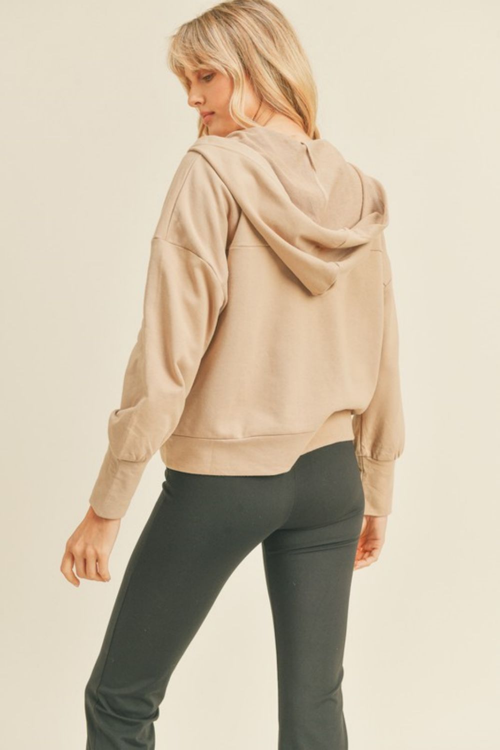 Kimberly C Full Size Zip-Up Drop Shoulder Hooded Jacket in Taupe