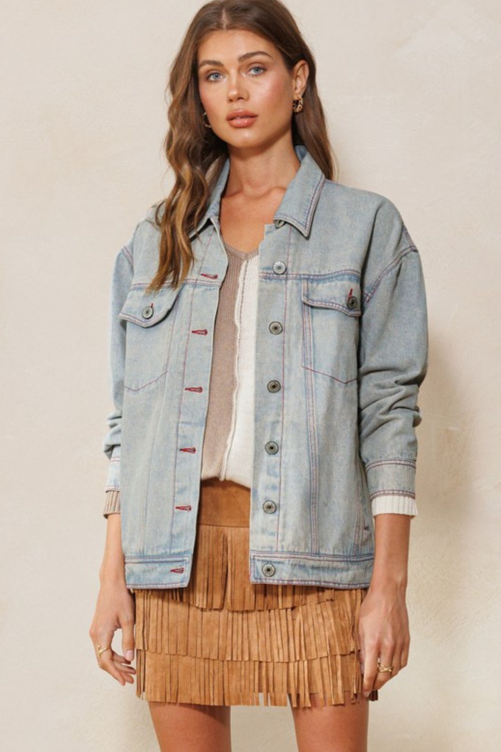 ODDI Full Size Contrast Heart Denim Jacket