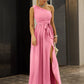 One-Shoulder Belted Front Split Dress