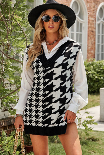 Houndstooth Side Slit Ribbed Sweater Vest Dress