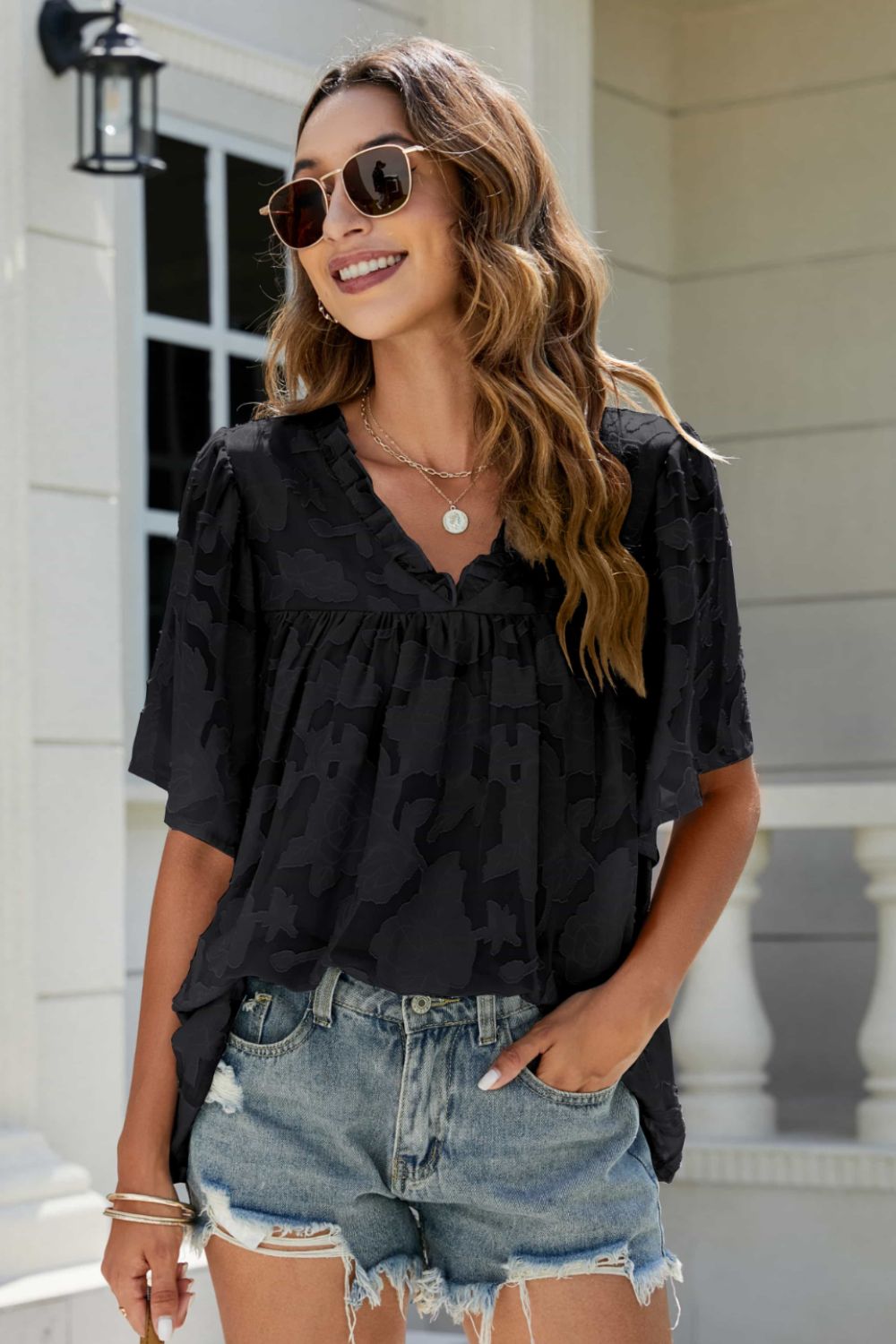 Applique Frill Trim Flutter Sleeve Blouse