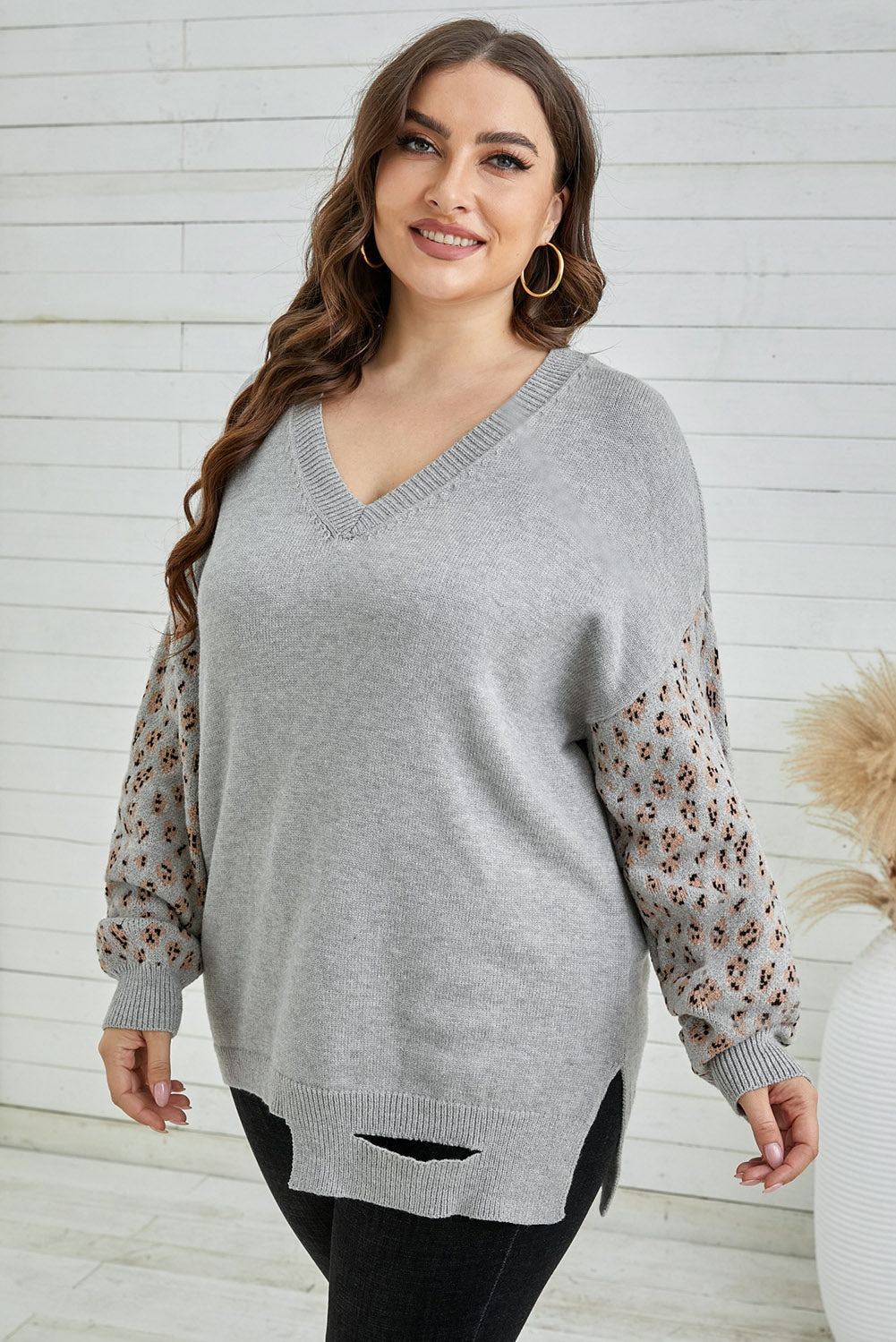 Plus Size Leopard Distressed Hem Detail Slit Sweater