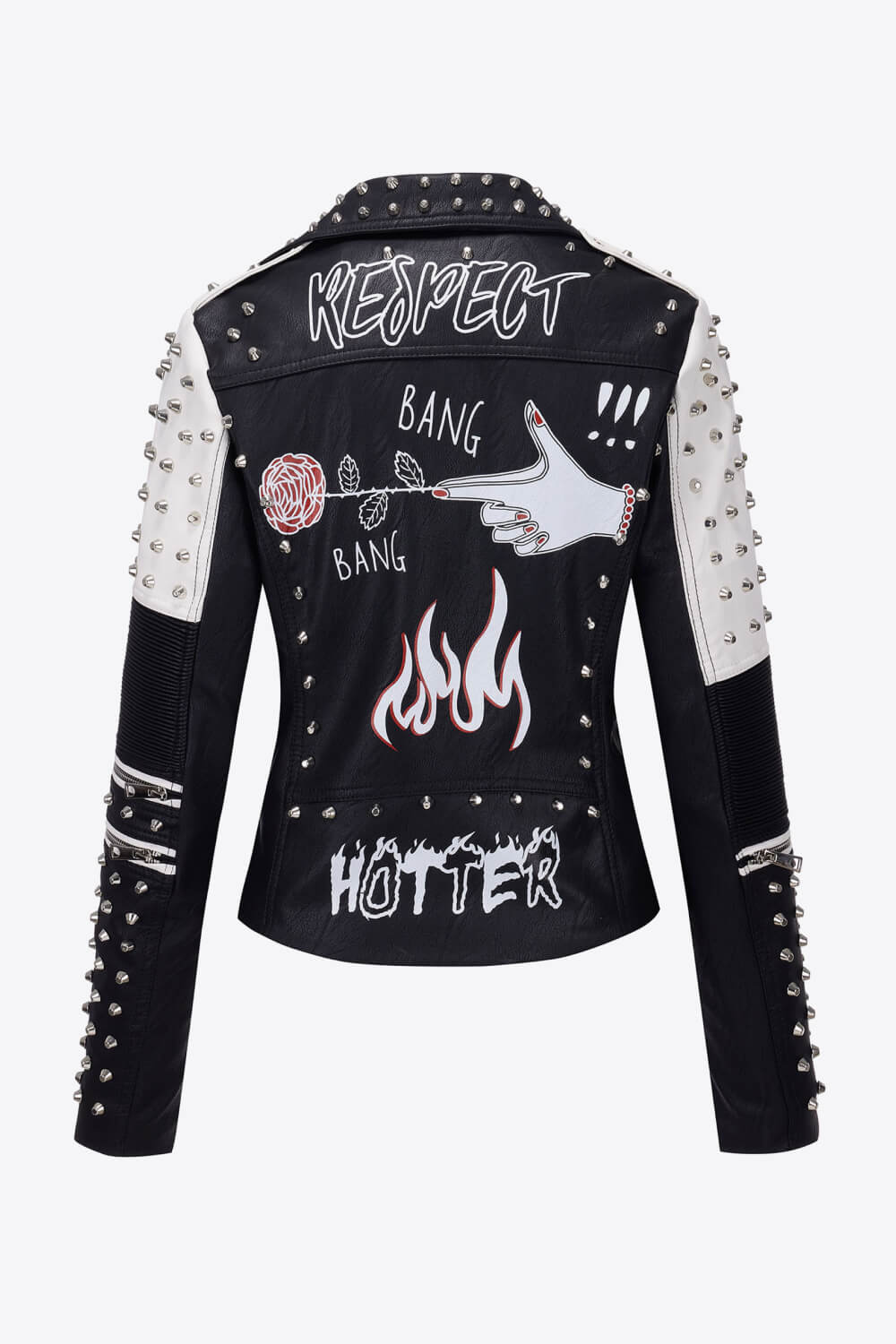 Full Size Contrast Letter Print Studded PU Leather Jacket