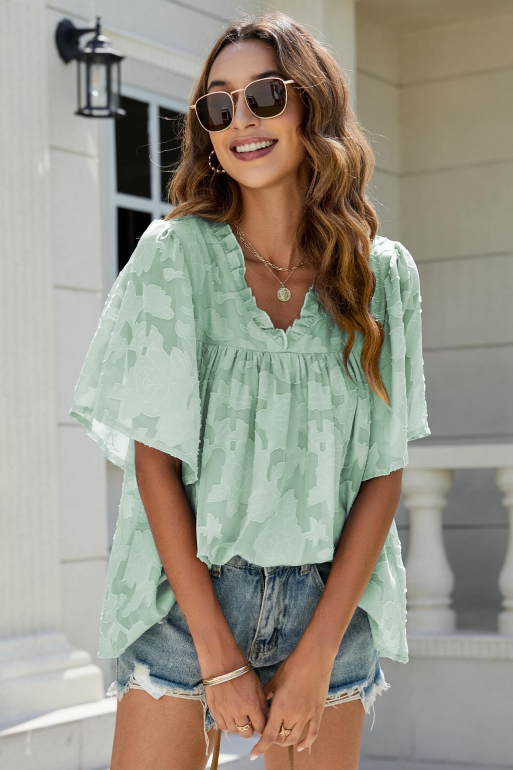 Applique Frill Trim Flutter Sleeve Blouse