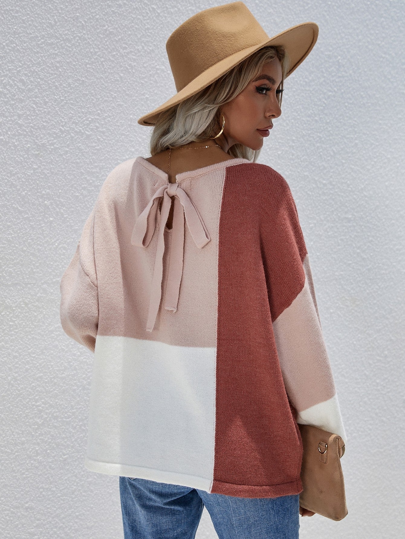 Color Block Tie-Back Dropped Shoulder Knit Pullover