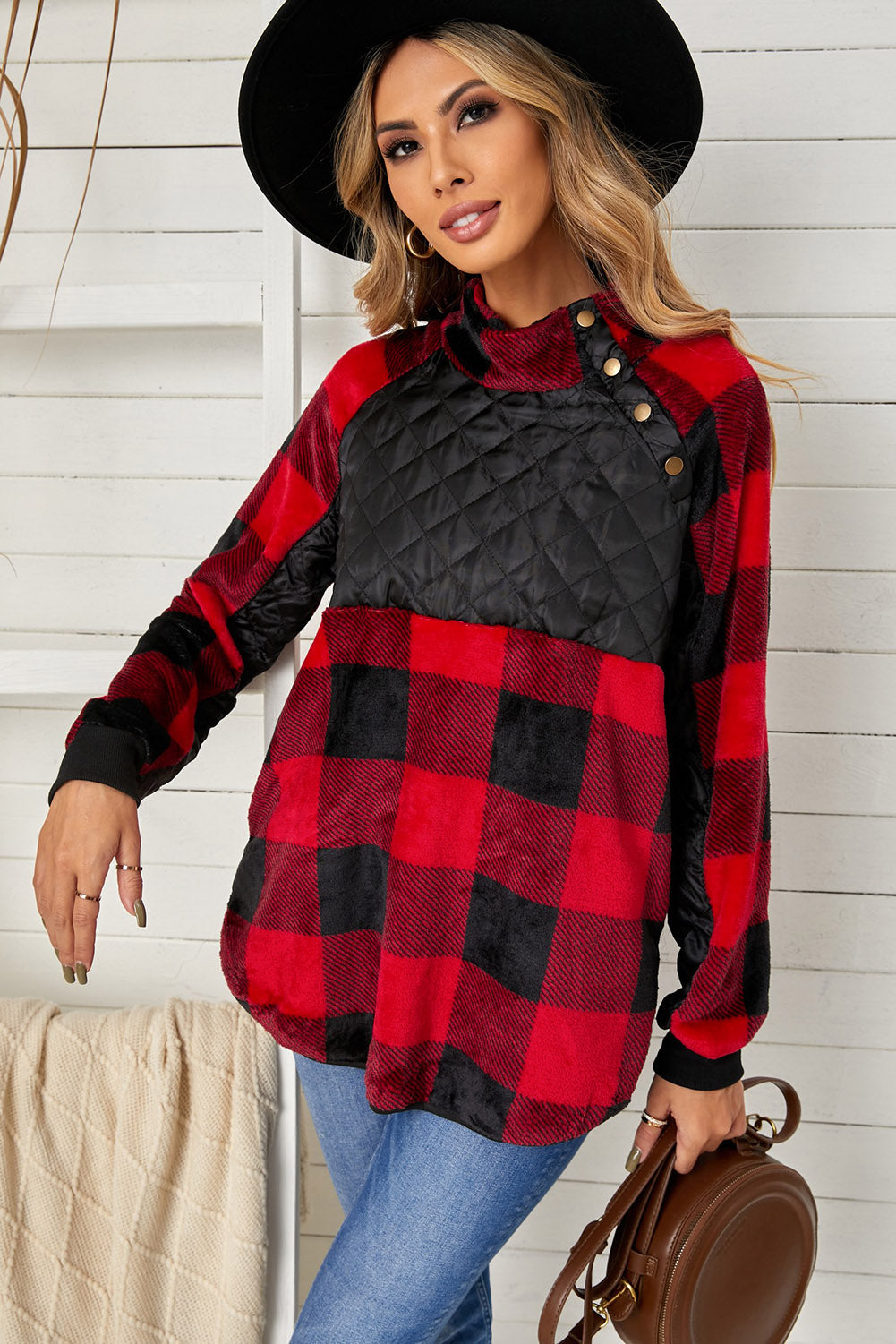 Plaid Raglan Sleeve Curved Hem Sweatshirt
