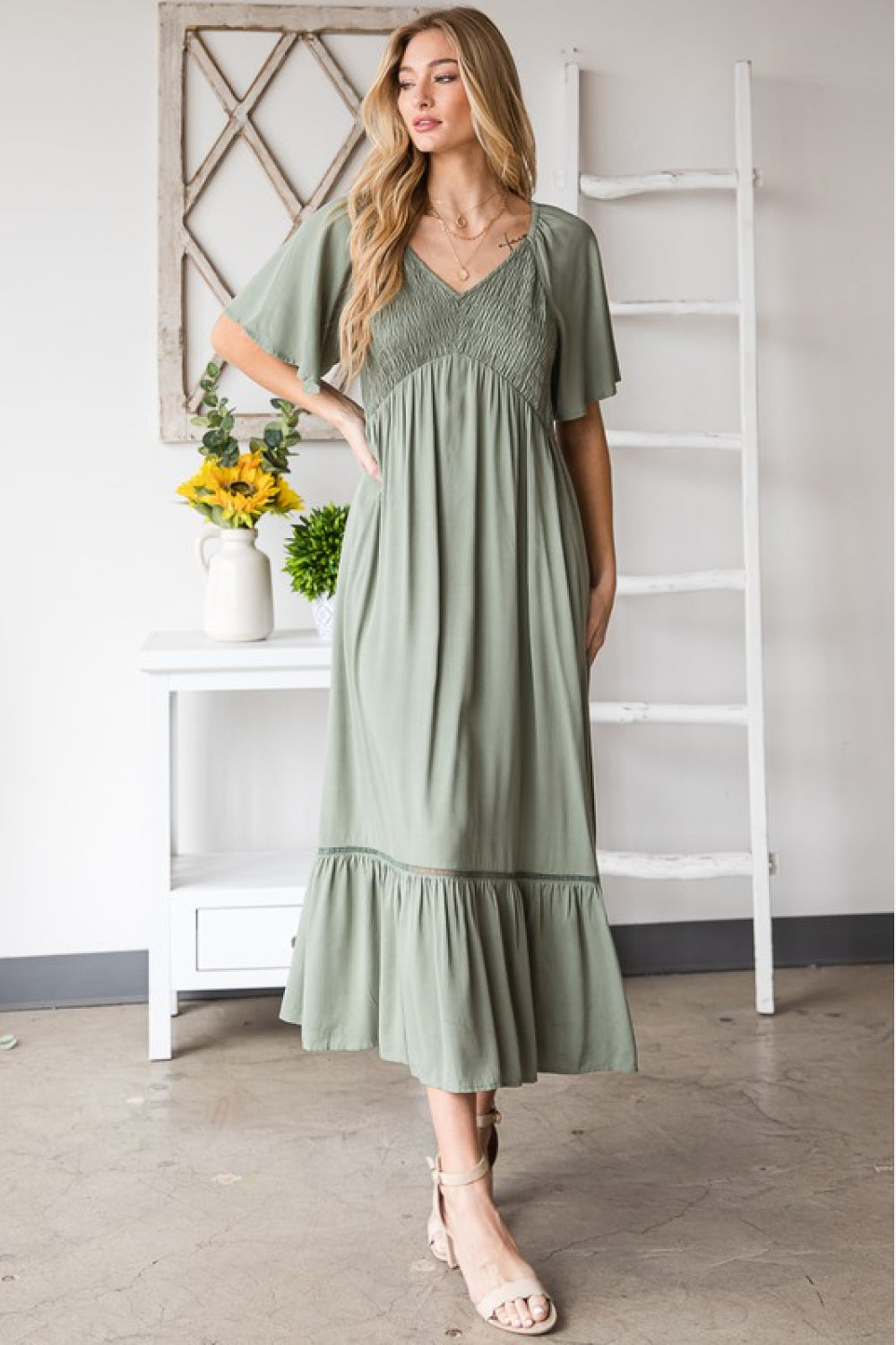 HEYSON Full Size Smocked Pocket Midi Dress in Sage