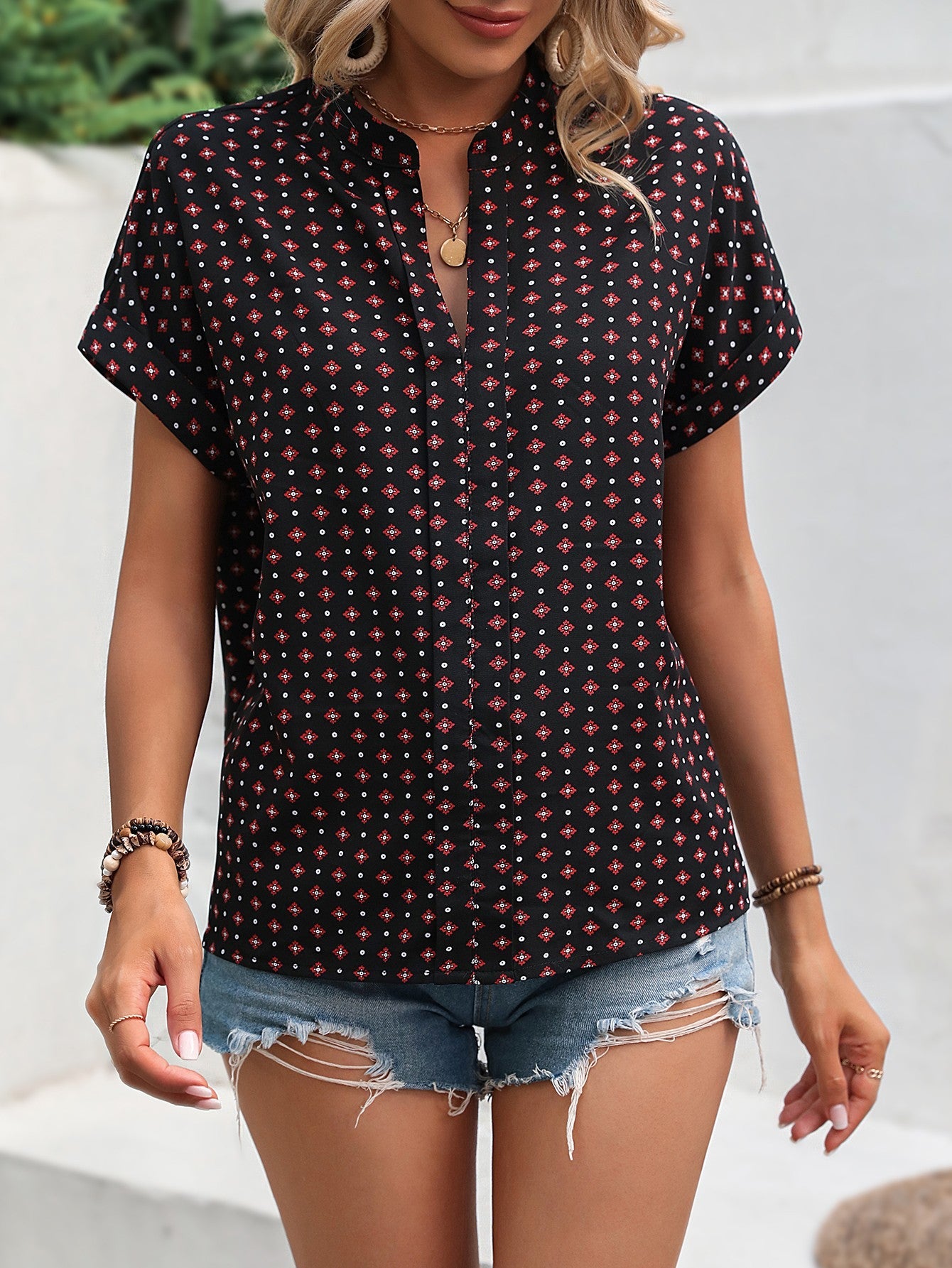 Printed Notched Neck Short Sleeve Top