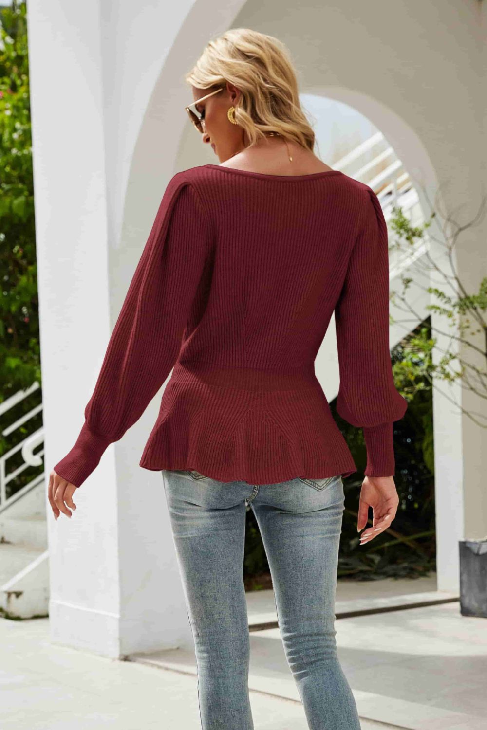 Rib-Knit Lantern Sleeve Peplum Sweater