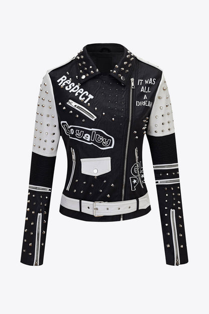 Full Size Contrast Letter Print Studded PU Leather Jacket