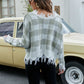 Plaid Frayed Trim V-Neck Sweater