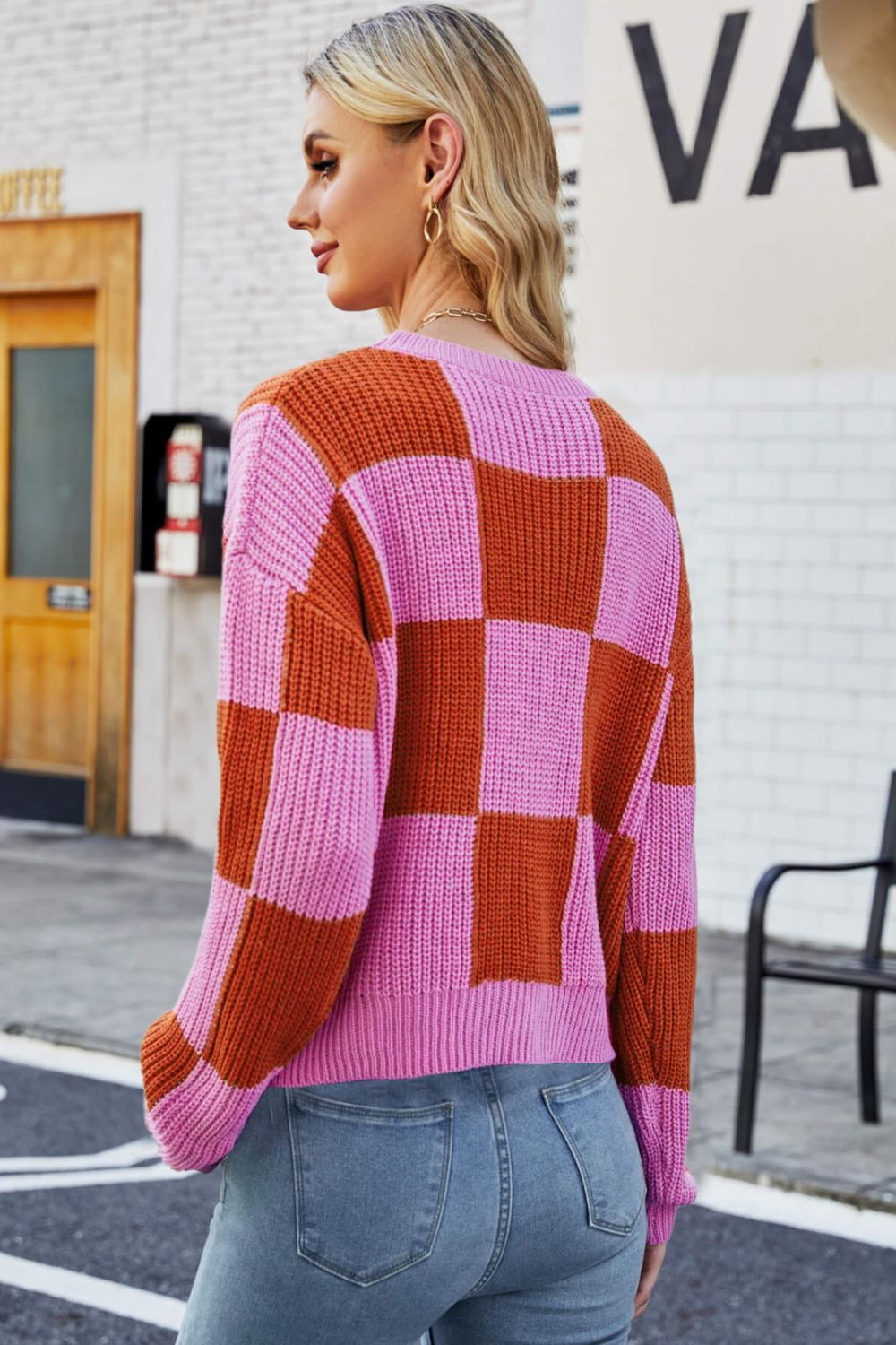 Checkered Round Neck Dropped Shoulder Knit Pullover