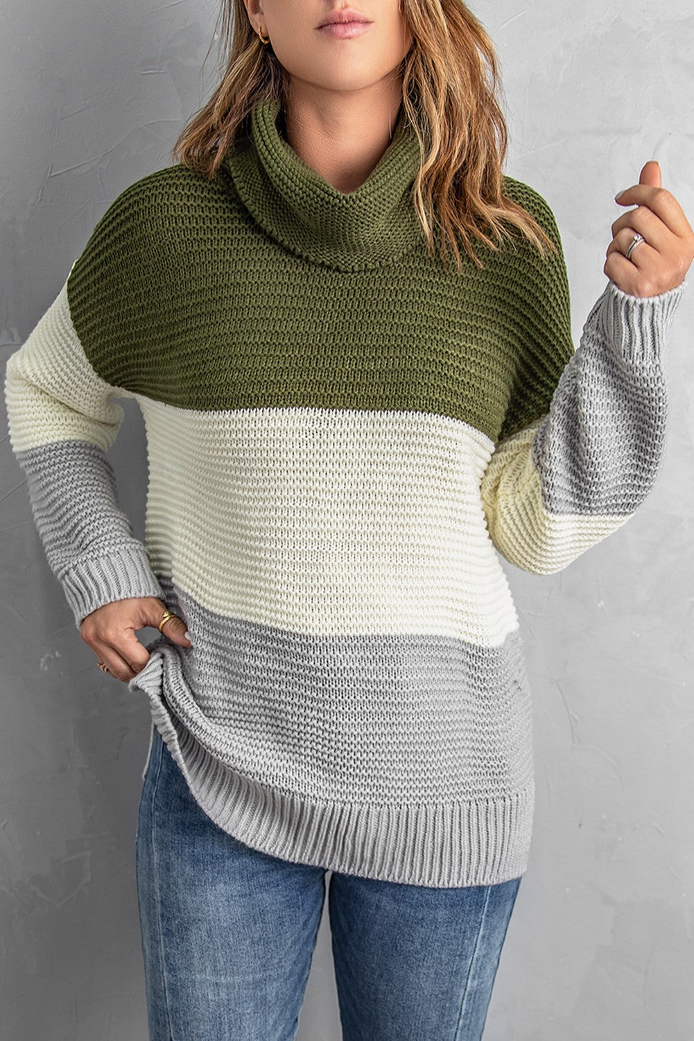 Color Block Side Slit Turtleneck Pullover Sweater