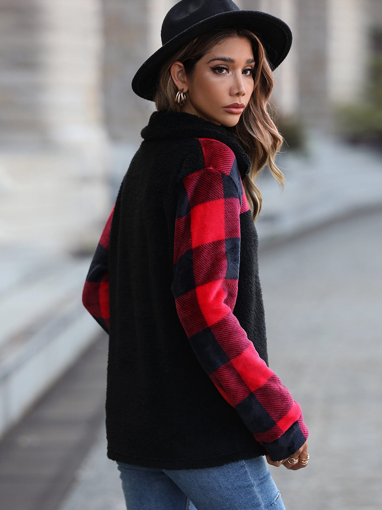 Plaid Quarter-Zip Spliced Fleece Sweatshirt with Pockets