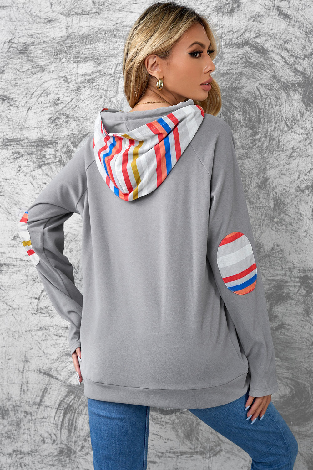 Rainbow Stripe Zipper Detail Elbow Patch Hoodie