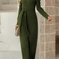 Belted Long Puff Sleeve V-Neck Jumpsuit