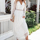 Scalloped Hem Flounce Sleeve Lace V-Neck Maxi Dress