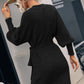 Belted Surplice Lantern Sleeve Wrap Sweater Dress