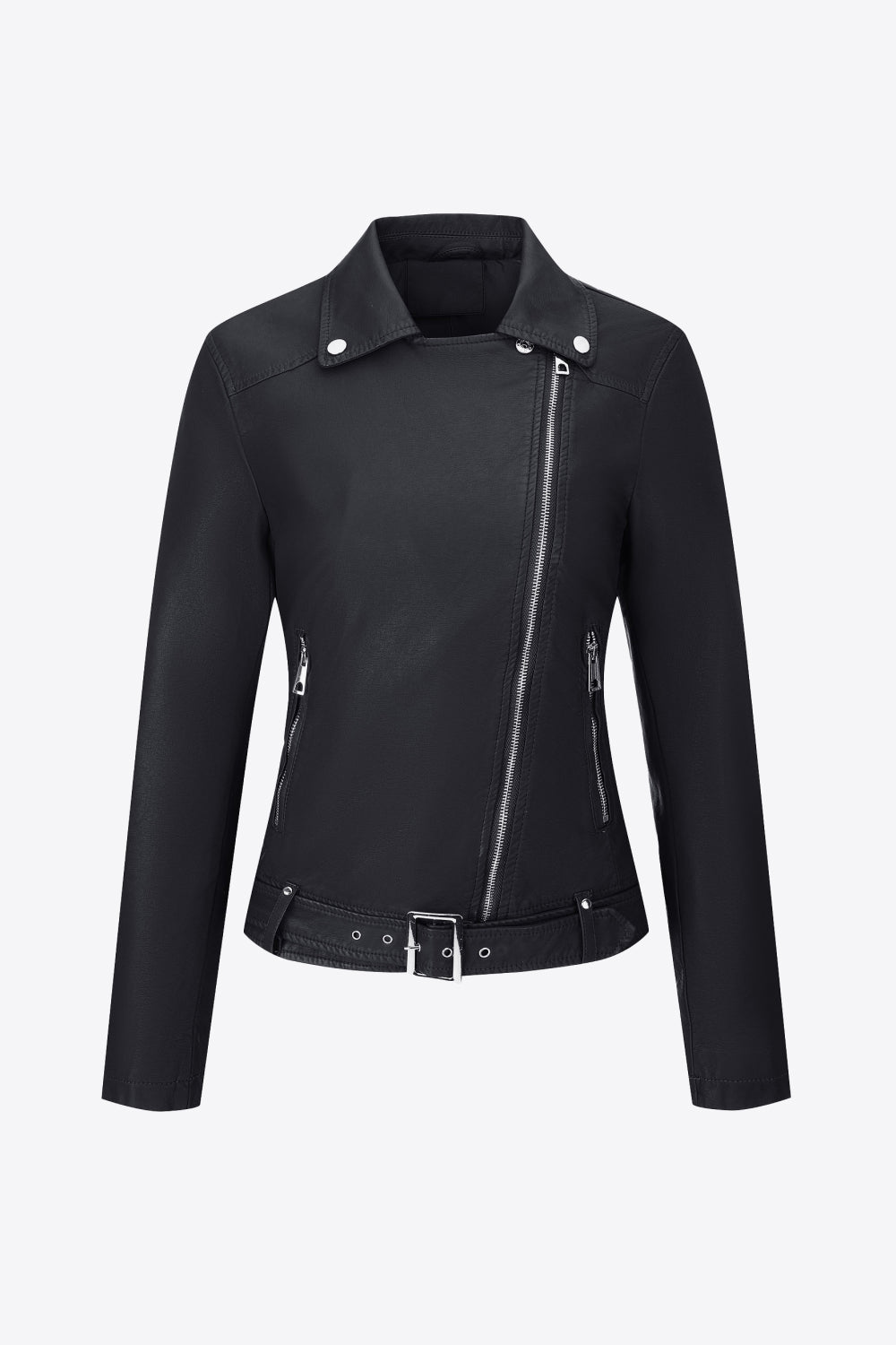 Buckle Detail Zip Up PU Leather Jacket