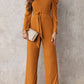 Belted Long Puff Sleeve V-Neck Jumpsuit