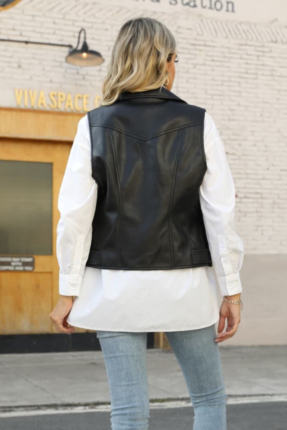 PU Leather Sleeveless Jacket with Buckle Detail