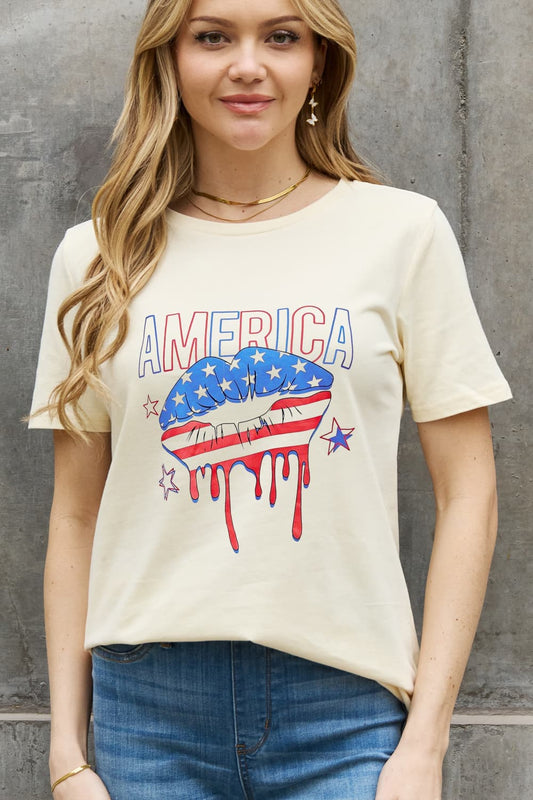 Simply Love Full Size AMERICA Star and Stripe Lip Graphic Cotton Tee