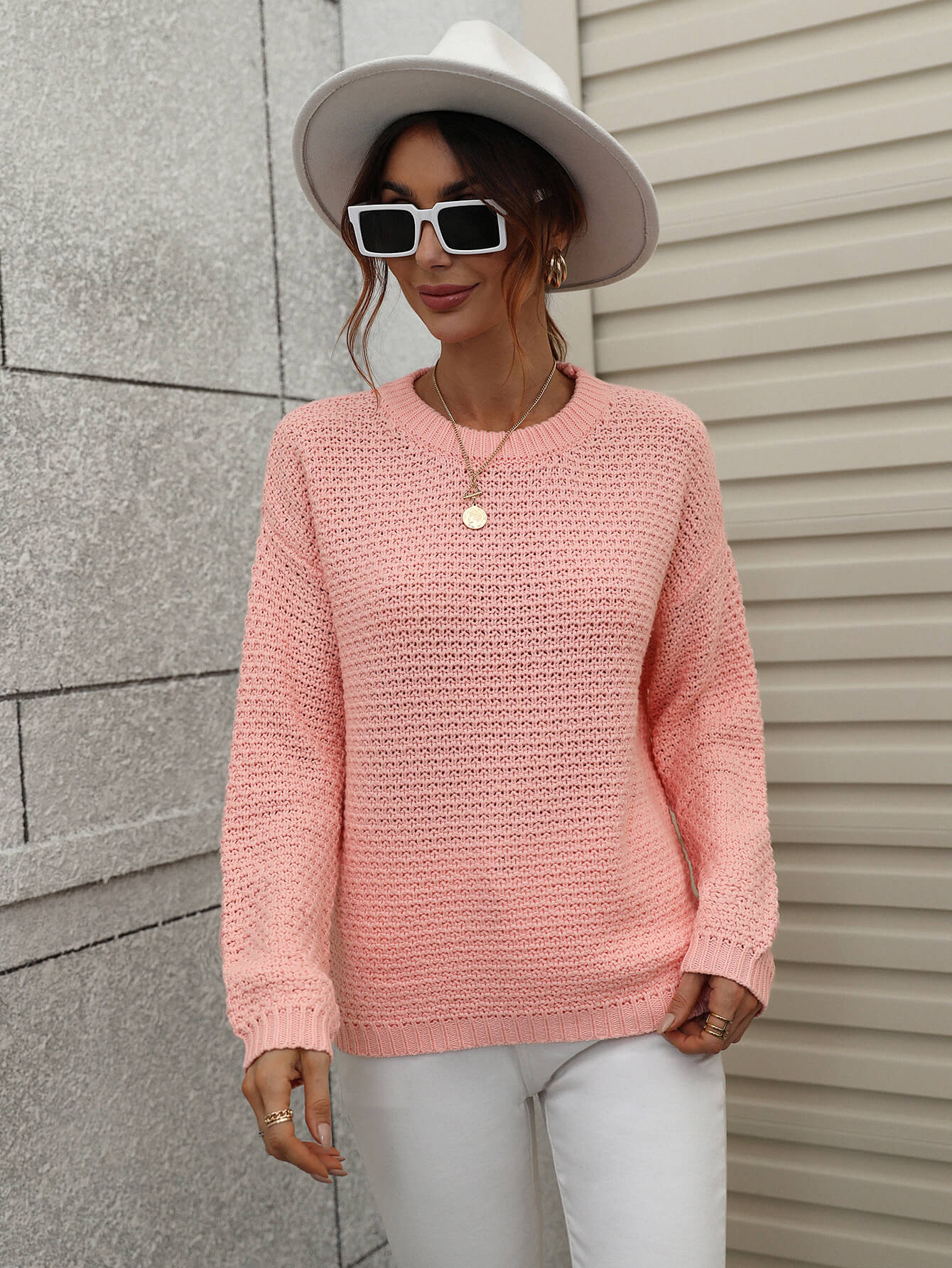 Drop Shoulder Round Neck Ribbed Cuff Sweater