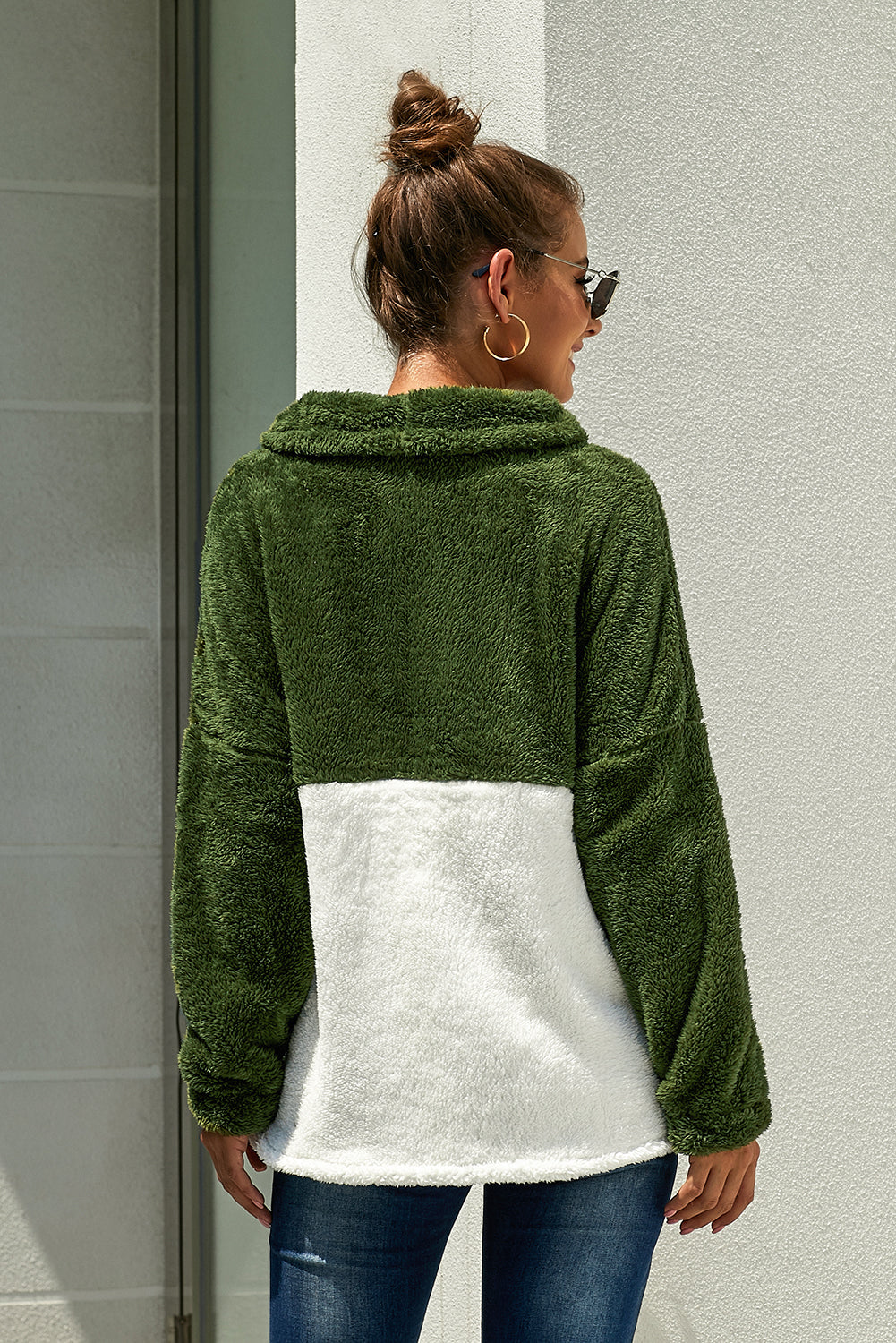 Color Block Drawstring Detail Teddy Sweatshirt