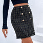 Plaid Double-Breasted Fringe Hem Skirt