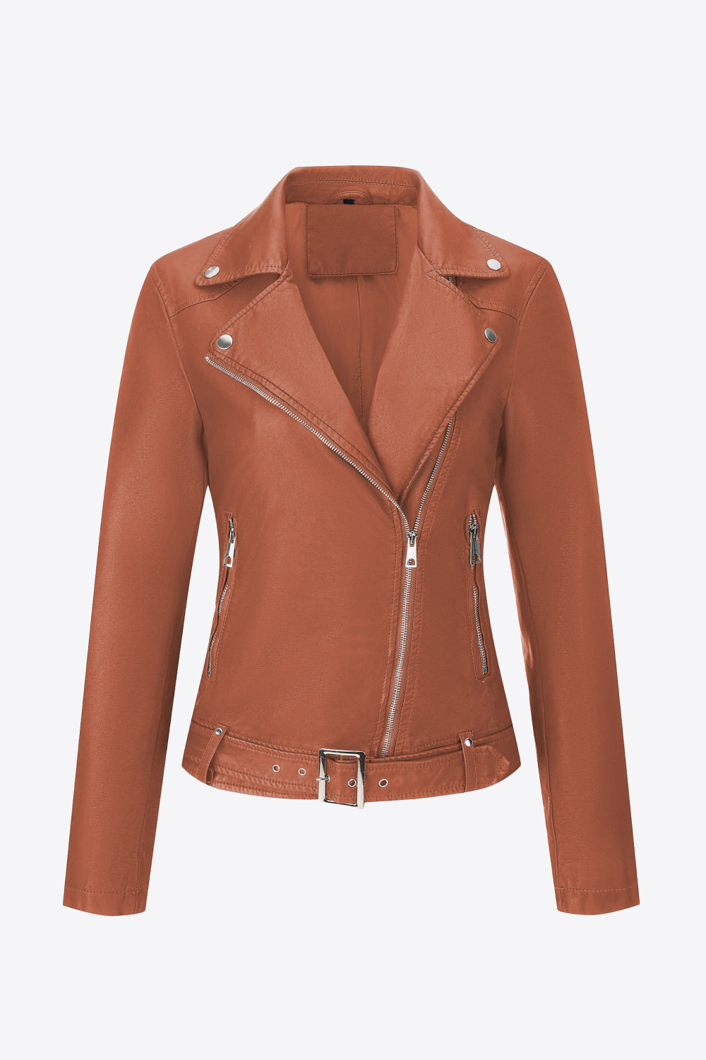 Buckle Detail Zip Up PU Leather Jacket