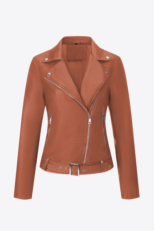 Buckle Detail Zip Up PU Leather Jacket