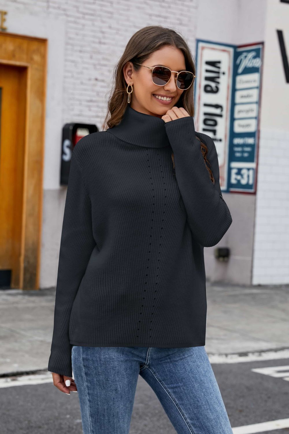 Openwork Turtleneck Rib-Knit Sweater