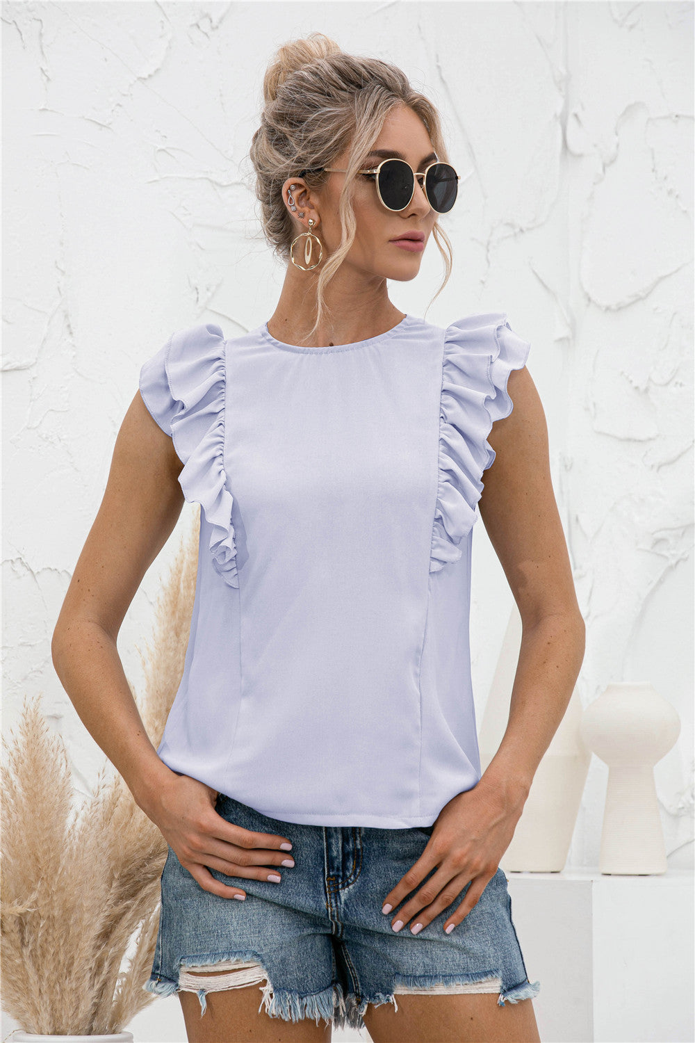 Ruffle Shoulder Tie-Back Crewneck Top