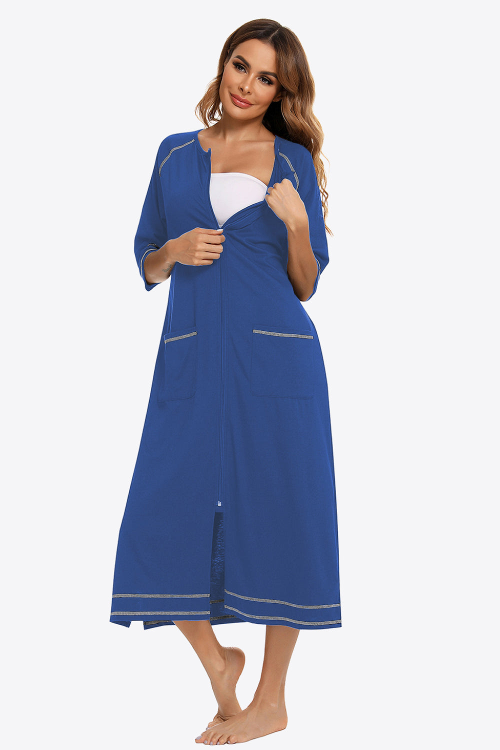 Zip Up Slit Night Dress with Pockets