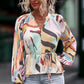 Printed Tie-Waist Pleated Balloon Sleeve Blouse