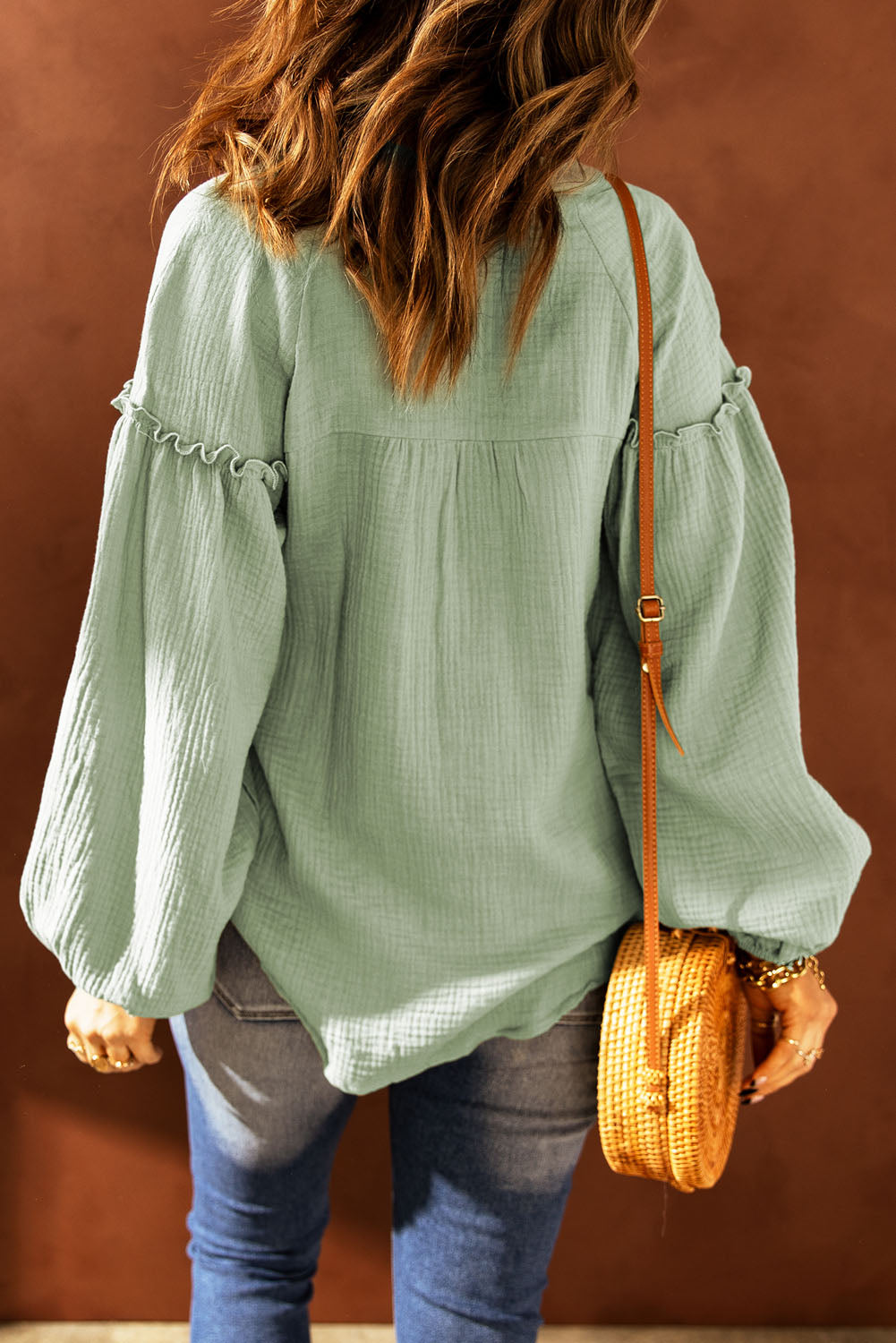 Balloon Sleeve Frill Trim Notched Neck Blouse
