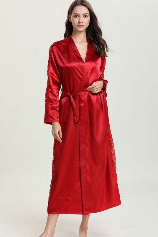 Spliced Lace Tie Waist Satin Robe